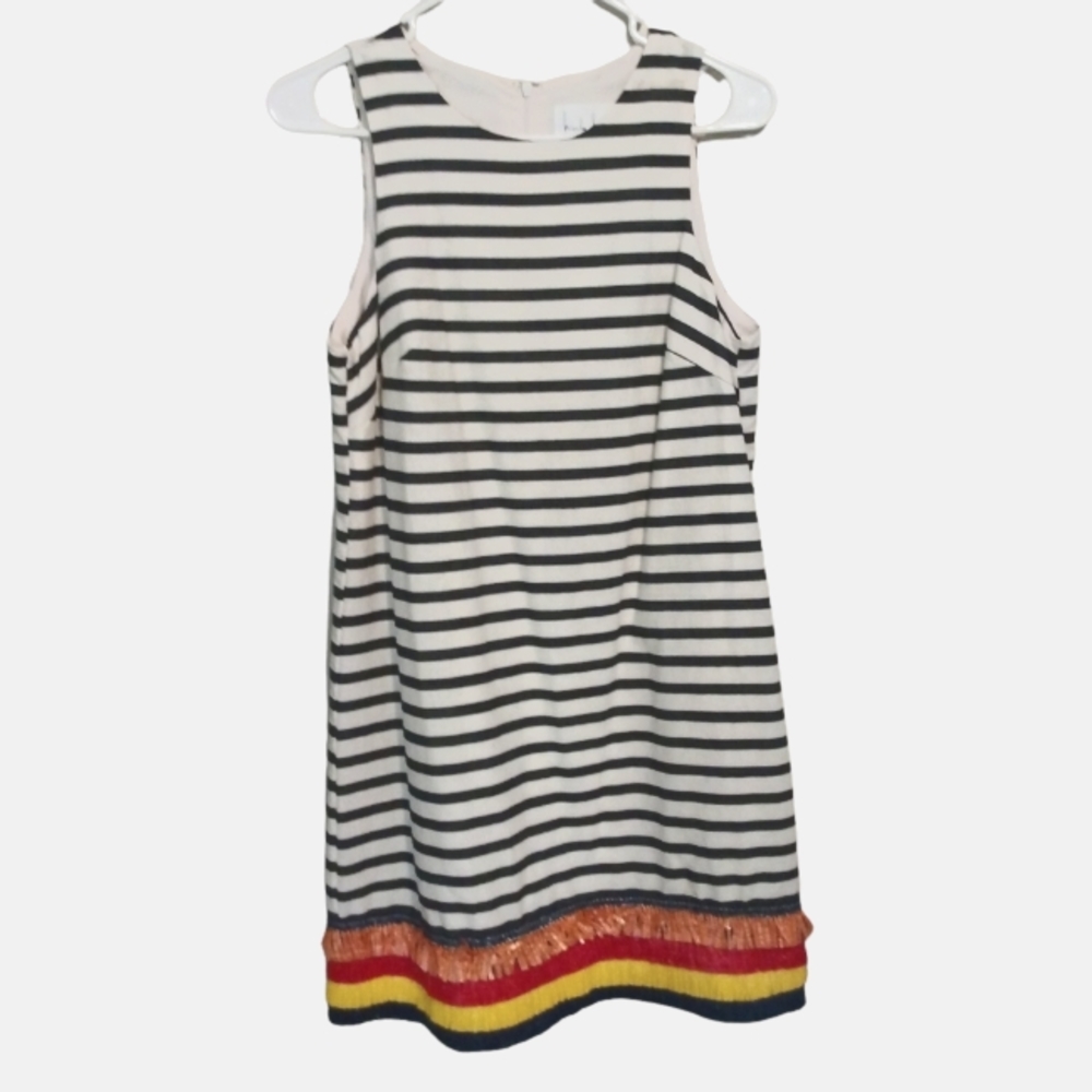 NICOLE MILLER NY Ivory Sleeveless Striped Raffia Trim Casual Mini Dress Size 2